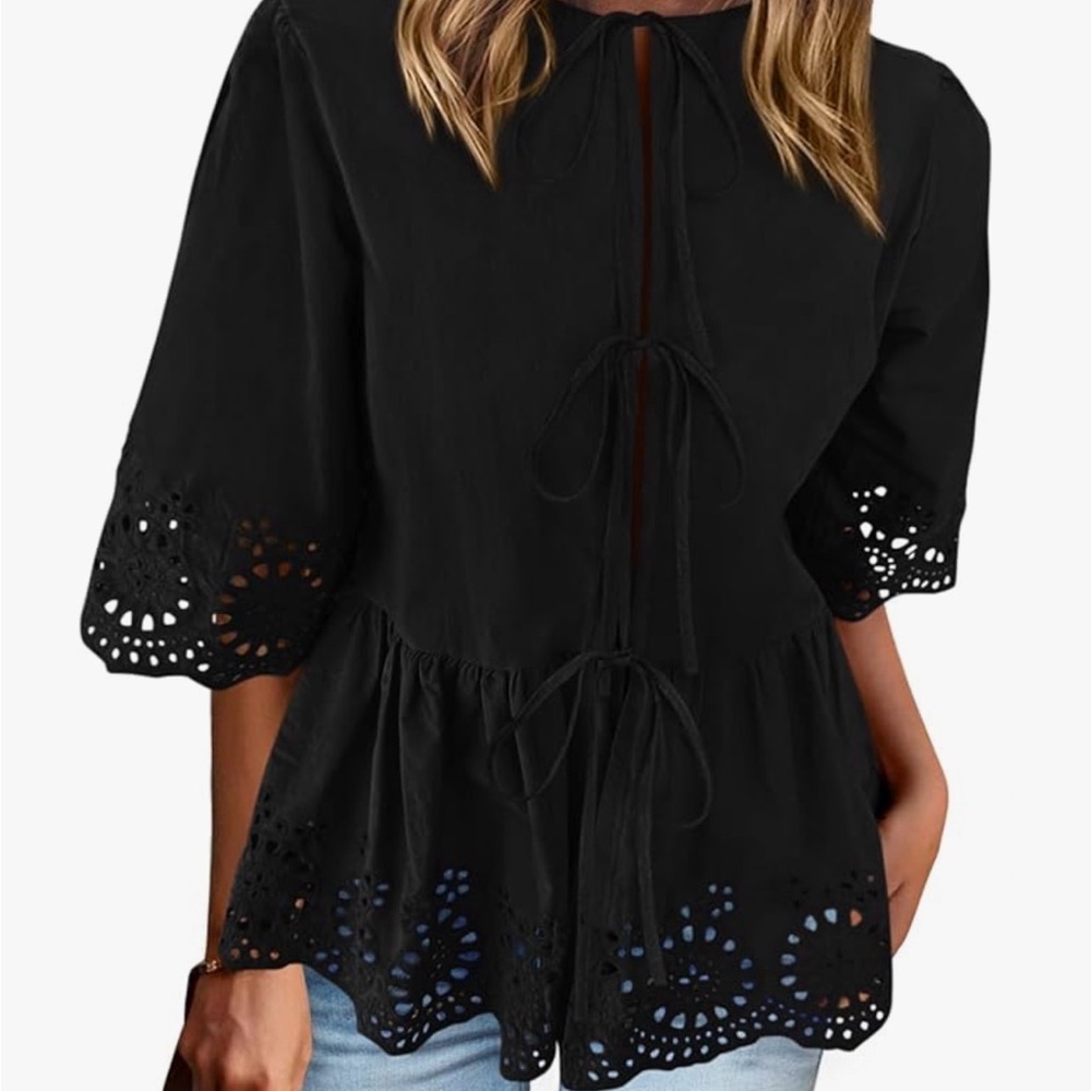 Chic Black Eyelet Blouse with Tie Detail